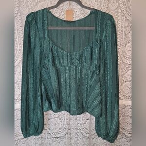 Lulus Emerald Textured Square Neck Long Sleeve Balloon Sleeve Small NWT